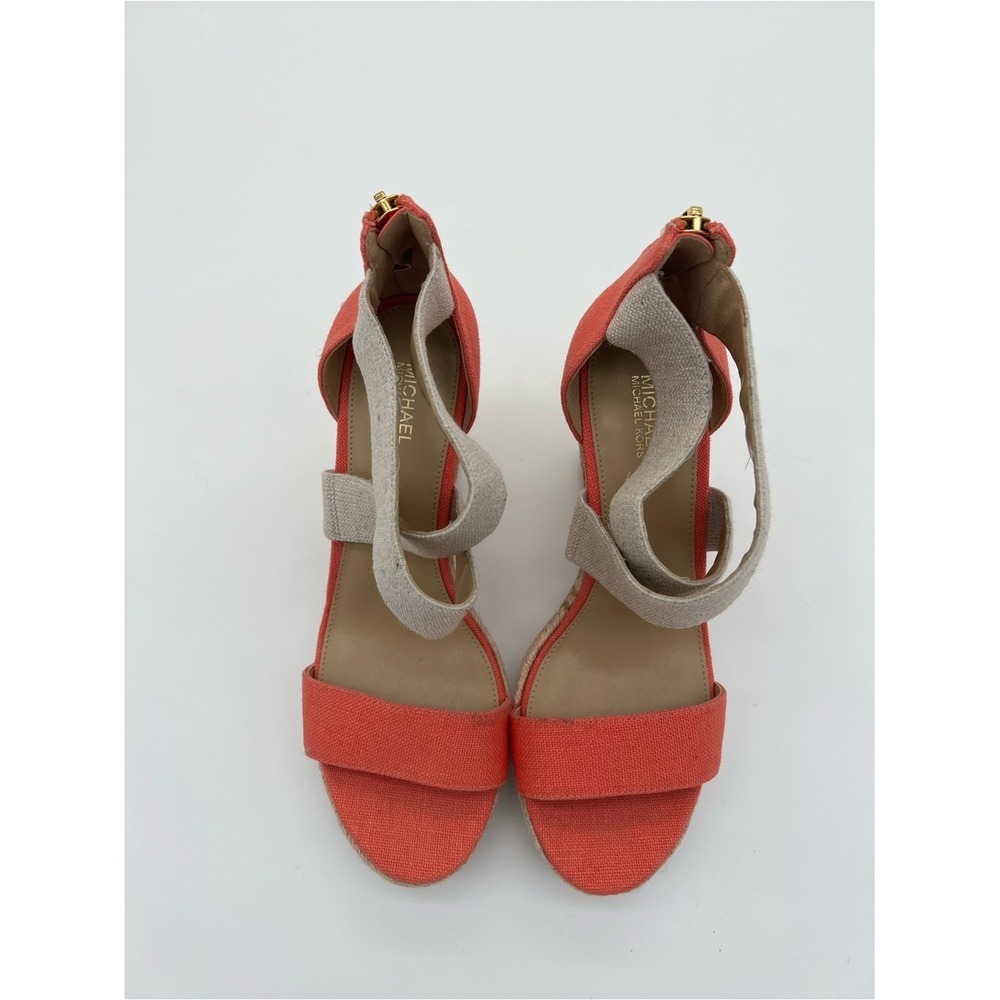 Michael Kors Coral and Natural Canvas Espadrille Wedge Sandals size 7.5 - Picture 11 of 12